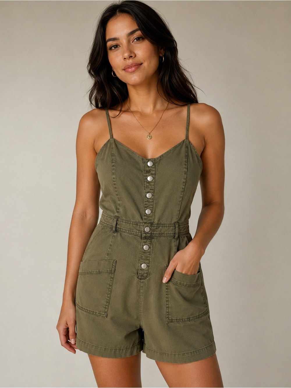 Garage Olive Button-Front Romper